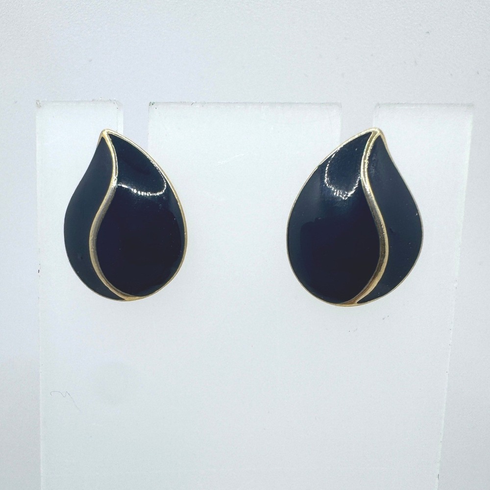 Vintage Navy Blue Enamel Teardrop Stud Earrings Gold Tone Trim Post Back